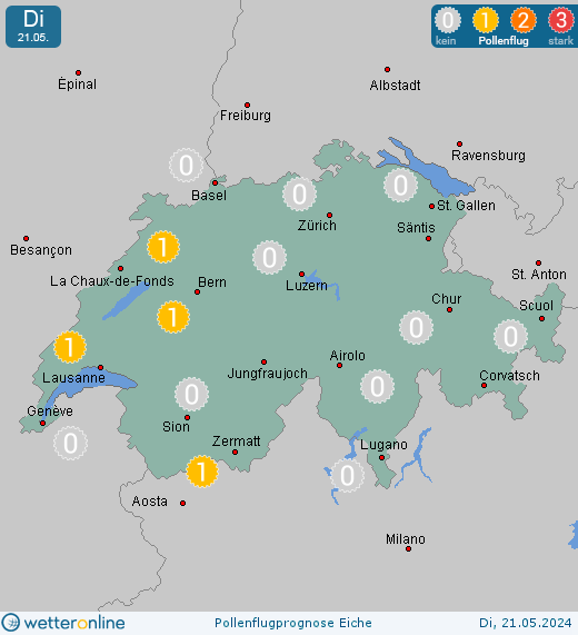 Chasseral (in 1600m): Pollenflugvorhersage Eiche für Montag, den 29.04.2024
