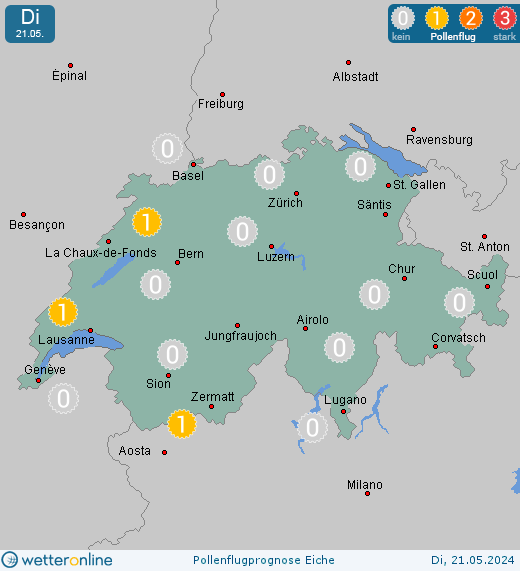 St. Gallen: Pollenflugvorhersage Eiche für Montag, den 29.04.2024