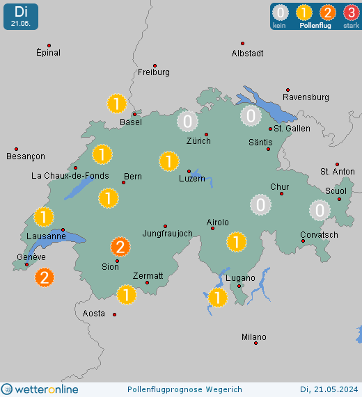 Genf: Pollenflugvorhersage Wegerich für Montag, den 29.04.2024