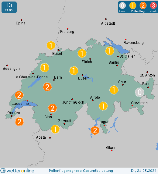 Oberwald: Pollenflugvorhersage Ambrosia für Montag, den 29.04.2024