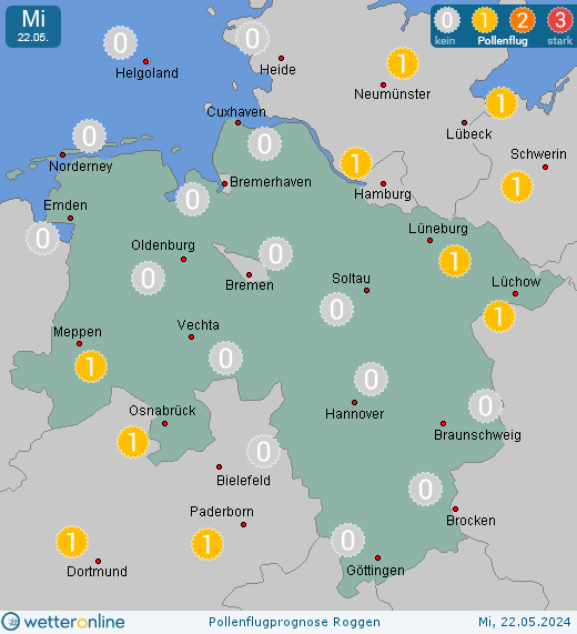 Wittmund: Pollenflugvorhersage Roggen für Montag, den 29.04.2024