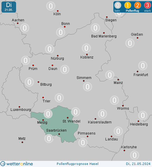 Berviller-en-Moselle: Pollenflugvorhersage Hasel für Montag, den 29.04.2024