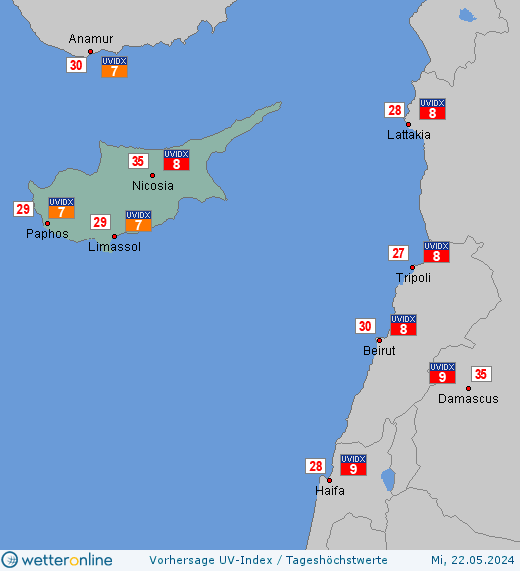 Zypern: UV-Index-Vorhersage für Montag, den 29.04.2024