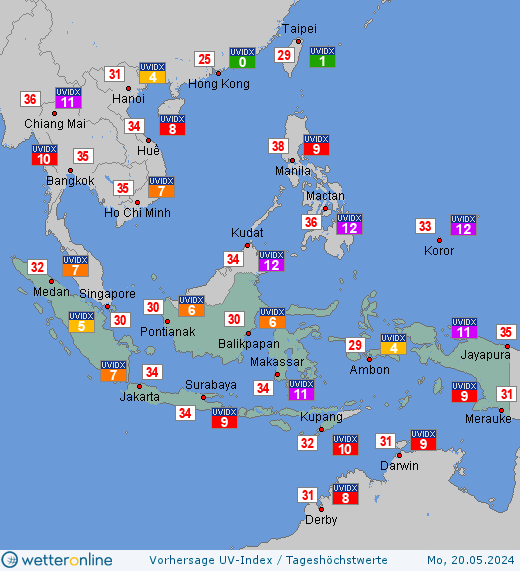 Indonesien: UV-Index-Vorhersage für Montag, den 29.04.2024