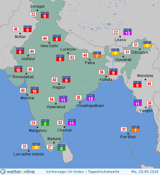 Indien: UV-Index-Vorhersage für Montag, den 29.04.2024