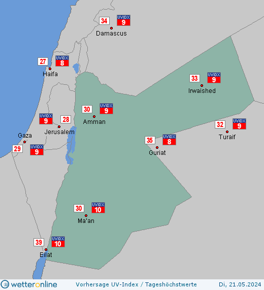 Jordanien: UV-Index-Vorhersage für Montag, den 29.04.2024
