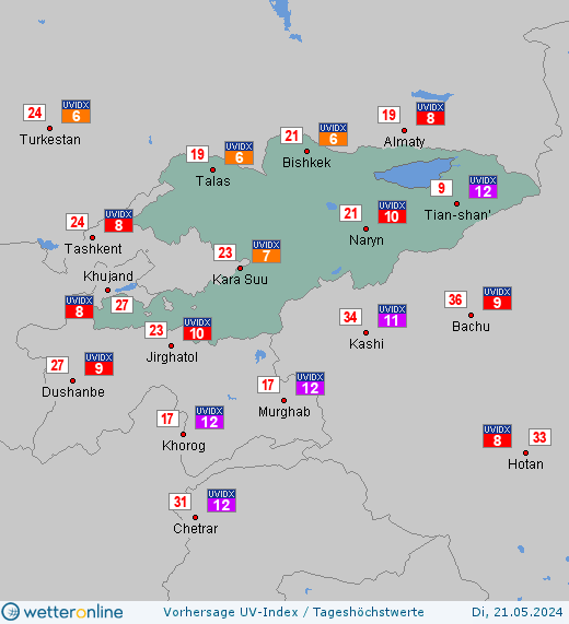 Kirgisistan: UV-Index-Vorhersage für Montag, den 29.04.2024