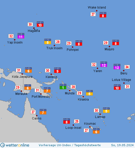 Guam: UV-Index-Vorhersage für Montag, den 29.04.2024