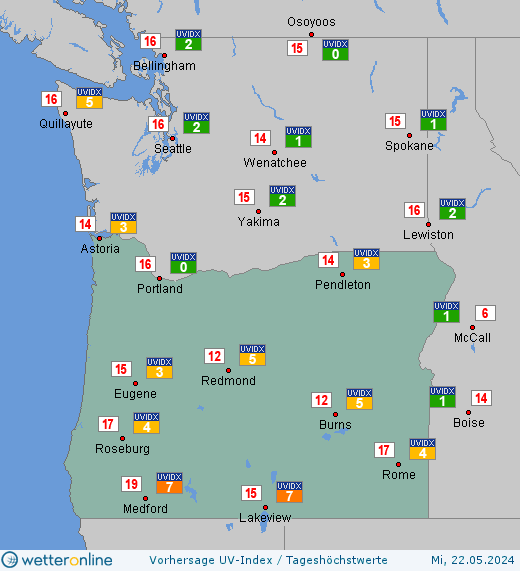 Oregon: UV-Index-Vorhersage für Montag, den 29.04.2024