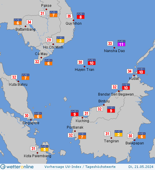 Singapur: UV-Index-Vorhersage für Montag, den 29.04.2024