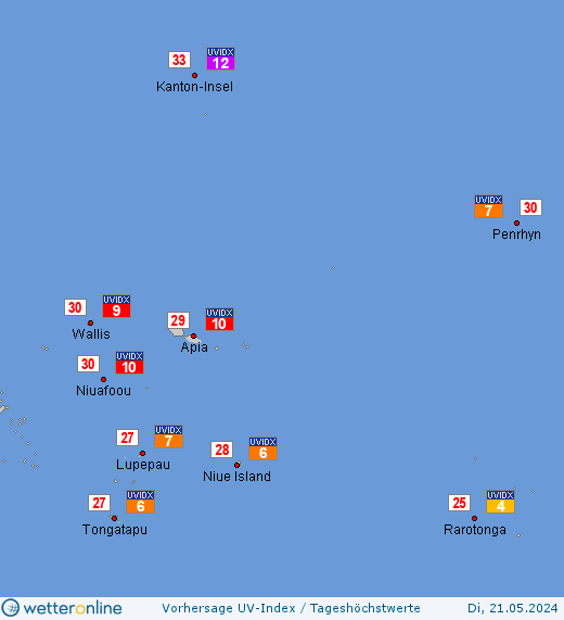 Tonga: UV-Index-Vorhersage für Montag, den 29.04.2024