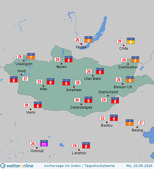 Mongolei: UV-Index-Vorhersage für Montag, den 29.04.2024