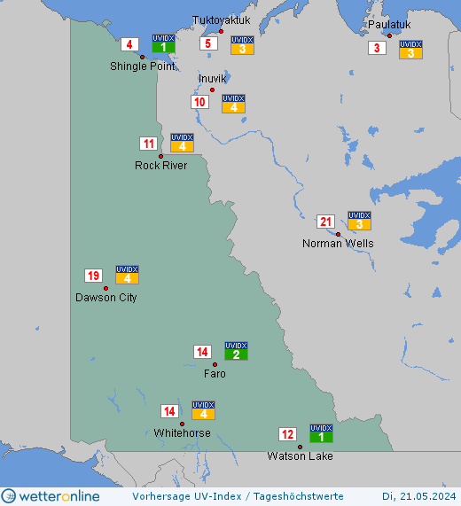 Yukon: UV-Index-Vorhersage für Montag, den 29.04.2024