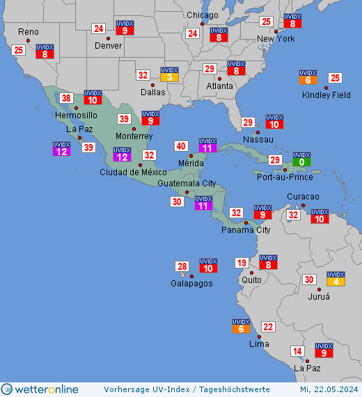 Mittelamerika: UV-Index-Vorhersage für Montag, den 29.04.2024