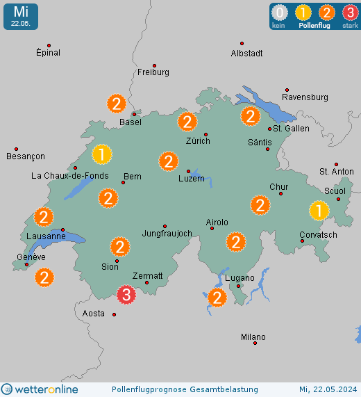 Schweiz: Pollenflugvorhersage Gesamtbelastung für Montag, den 29.04.2024