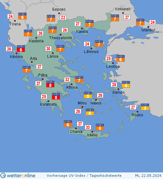 Griechenland: UV-Index-Vorhersage für Dienstag, den 30.04.2024