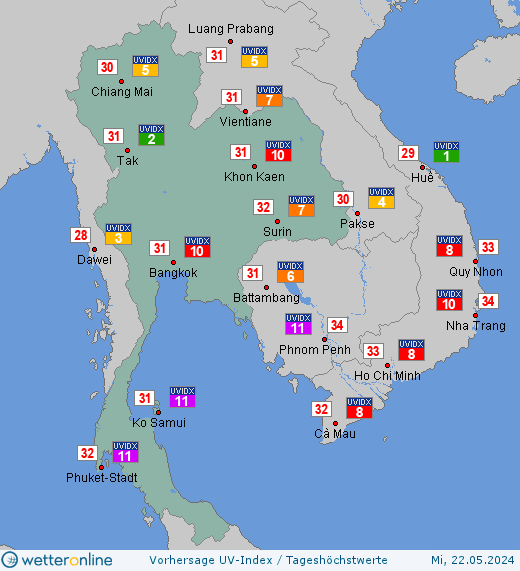Thailand: UV-Index-Vorhersage für Dienstag, den 30.04.2024
