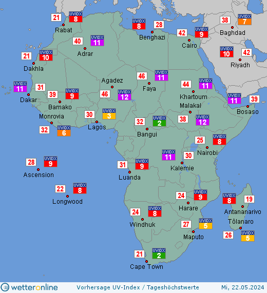 Afrika: UV-Index-Vorhersage für Dienstag, den 30.04.2024