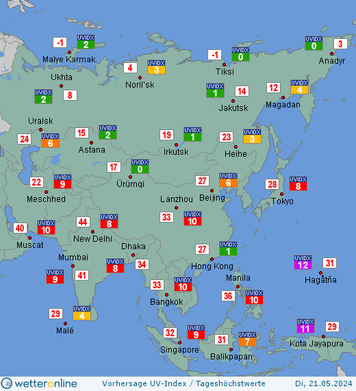 Asien: UV-Index-Vorhersage für Dienstag, den 30.04.2024